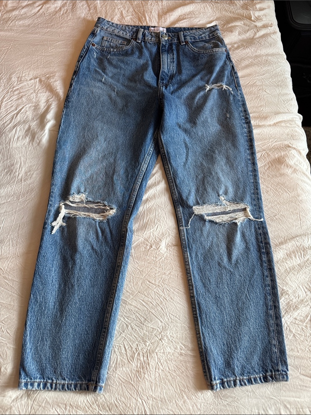 Zara Distressed Blue High-Rise Mom Jeans